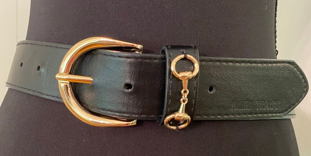 Ellen Tracy Black Faux Leather Belt Gold Horsebit Accent Women's 1X Old Money